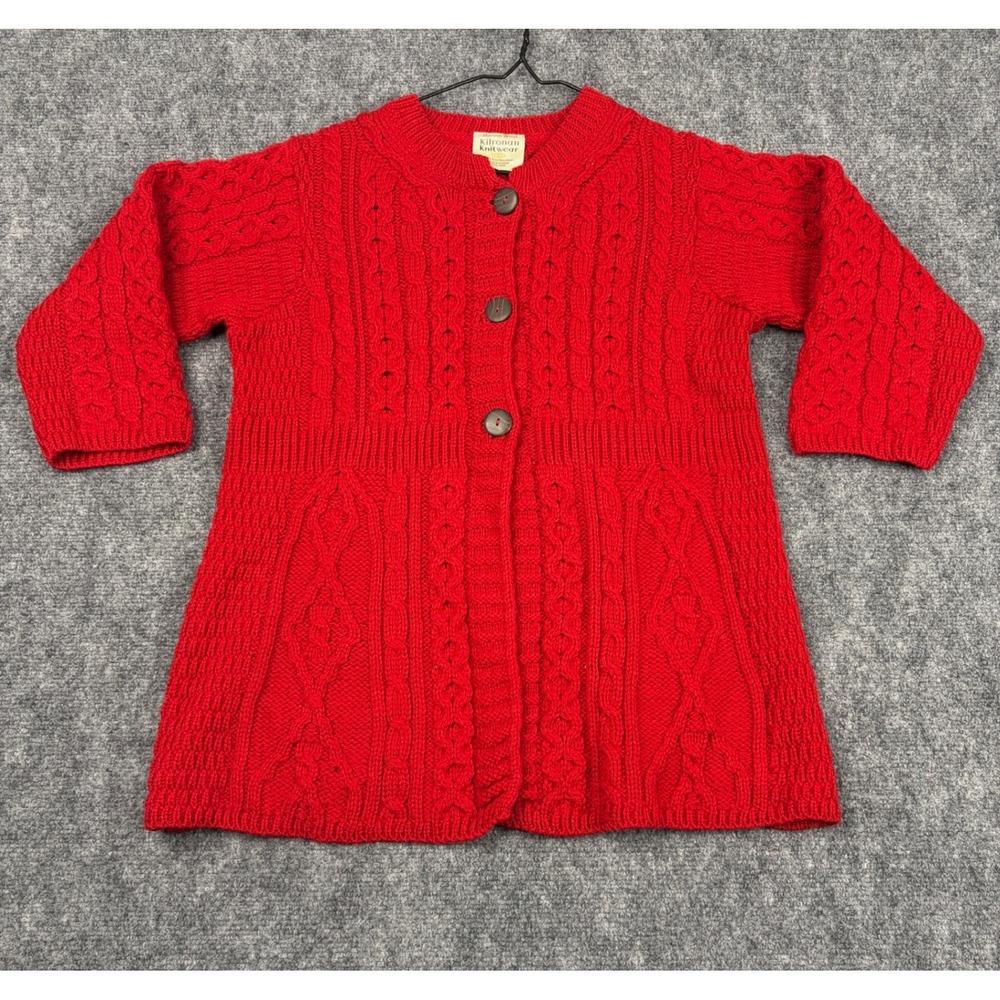 Kilronan Knitwear Red Merino Wool Aran Cable Knit Cardigan Sweater Ireland